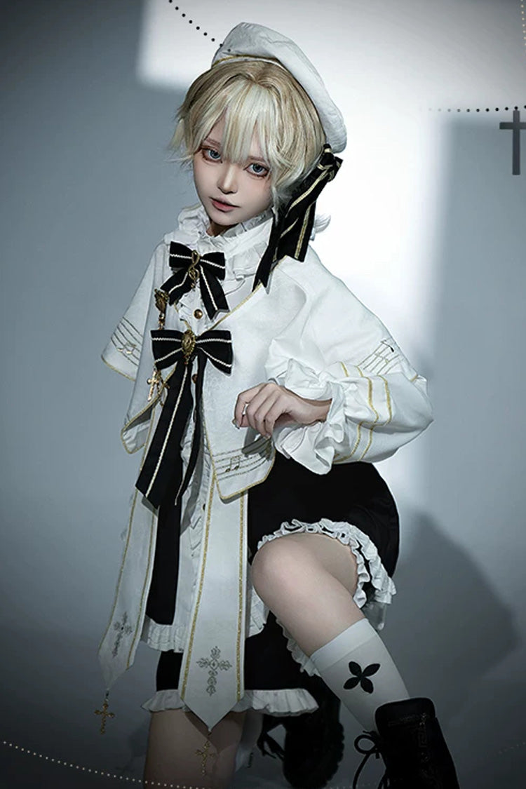 White [The Choir of The Church] Long Sleeves Bow Chain-Decorated Gothic Ouji Lolita Set - Product - 3