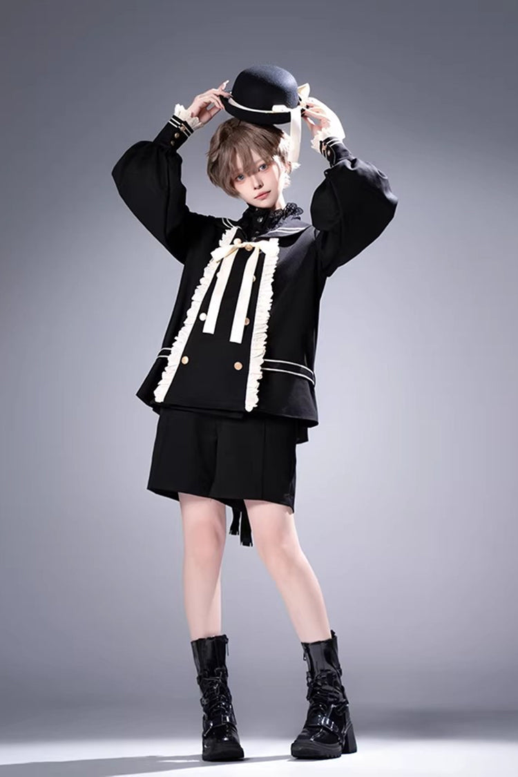 Black [City of Mist] Navy Collar Long Sleeves Gothic College Style Prince Ouji Lolita Shorts Coat Set - Product - 11