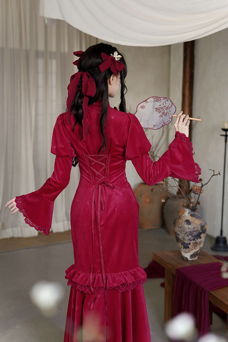 Red Long Sleeves Ruffle Embroidery Bowknot Lace Classic Chinese Style Elegant Lolita Dress - Product - 9