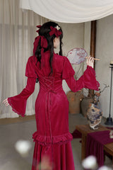 Red Long Sleeves Ruffle Embroidery Bowknot Lace Classic Chinese Style Elegant Lolita Dress - Product - 9