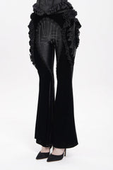 Black Ruffled Spliced Women's Gothic Floral Faux Leather&Velvet Ruffle Pants - Product - 9
