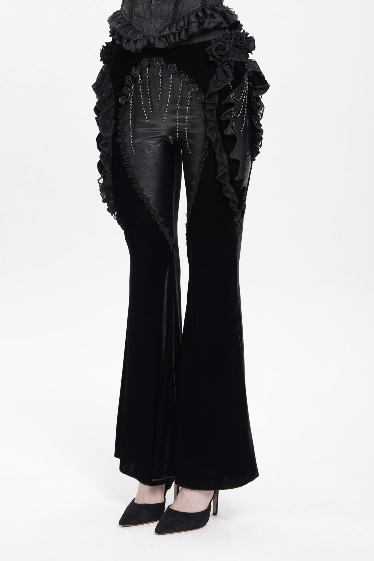 Black Ruffled Spliced Women's Gothic Floral Faux Leather&Velvet Ruffle Pants - Product - 9