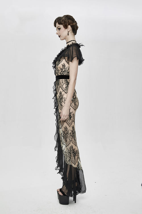 High End Long Transparent Lace Big Split Chiffon Sleeves Womens Gothic Dress - Product - 4