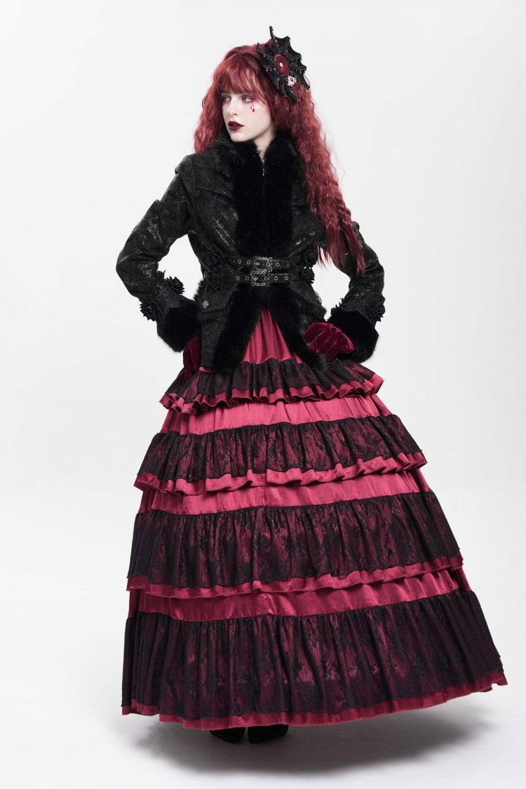 Black Long Sleeves Rose Floral Embroidery Buckle Straps Women's Gothic Coat - Product - 9