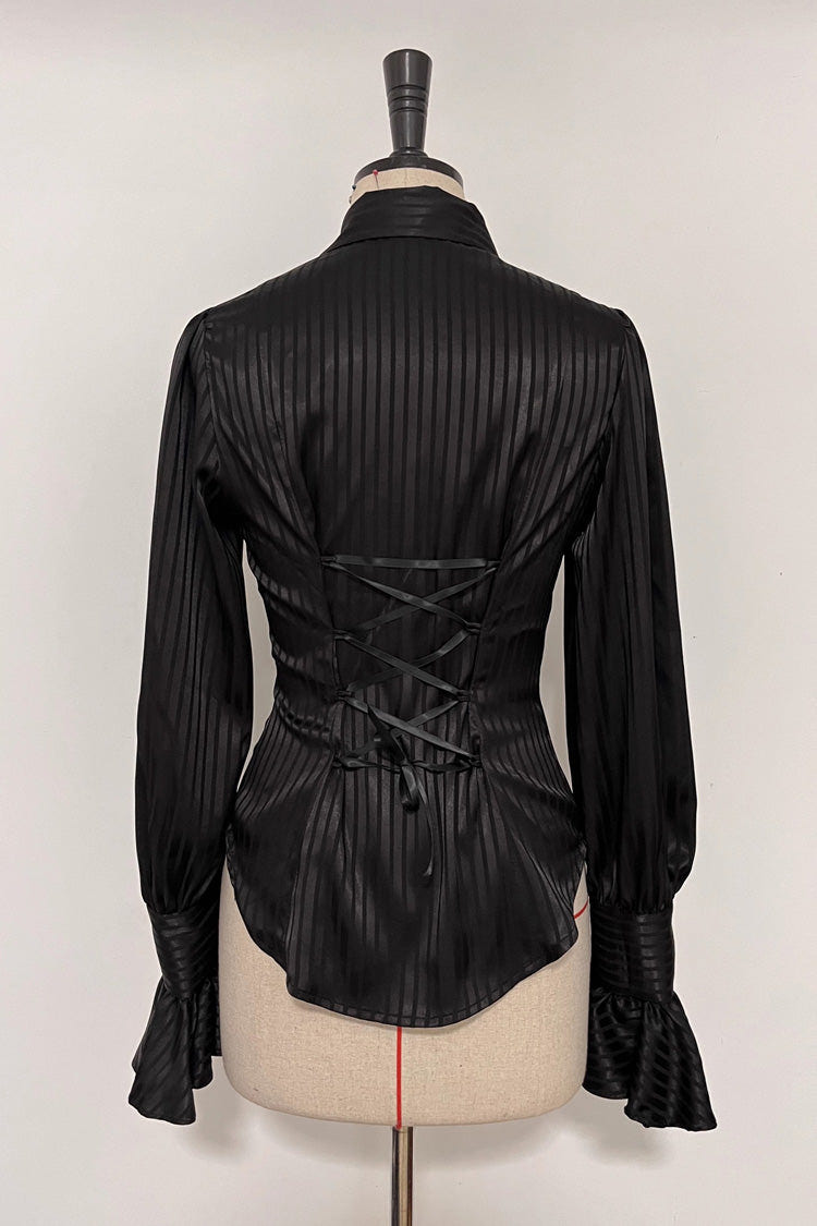 Moonstone Lapel Collar Long Sleeves Vertical Striped Print Ruffle Ouji Gothic Prince Lolita Blouse 3 Colors - Product - 3