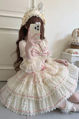 Apricot [Song of Floral Letters] Sleeveless Triple-Layered Bowknot Lace-Up Sweet Lolita Jsk Dress - Product - 3