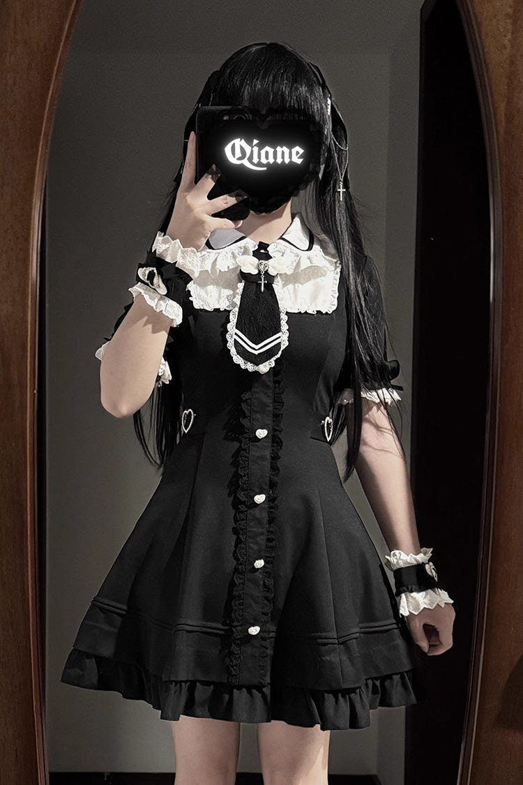 Black [Angel Creed] Short Sleeves Ruffle Bowknot Stitching Lace Gothic Plus Size Japanese College Style Jirai Kei Dress - Product - 2