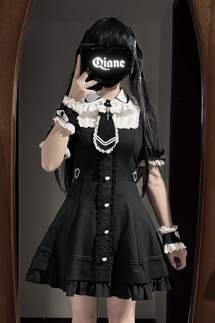 Black [Angel Creed] Short Sleeves Ruffle Bowknot Stitching Lace Gothic Plus Size Japanese College Style Jirai Kei Dress - Product - 2
