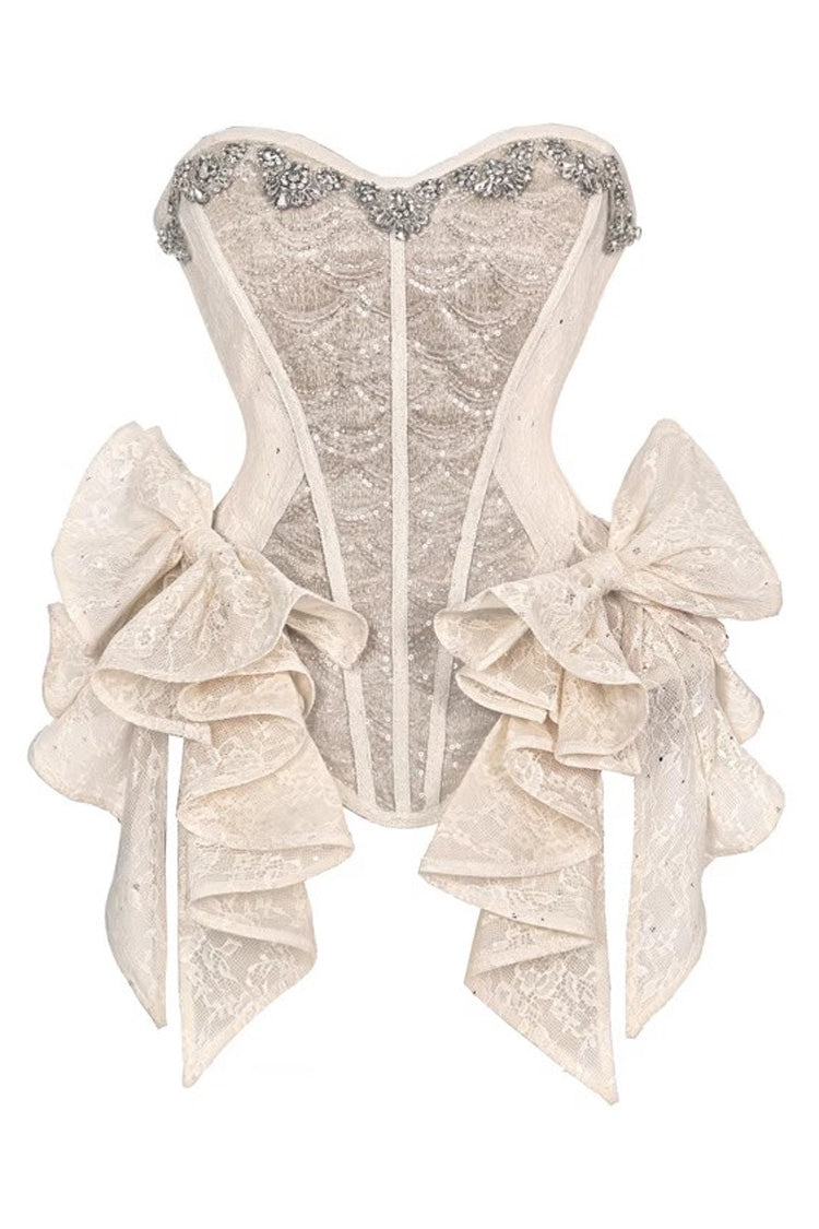 Light Brown [Slavic Noble Lady] Sleeveless Multi-Layered Sparkling Diamonds Ruffled Bow Lace-Up Irregular Gothic Elegant Lolita Skirt & Corset Set - Corset - 11