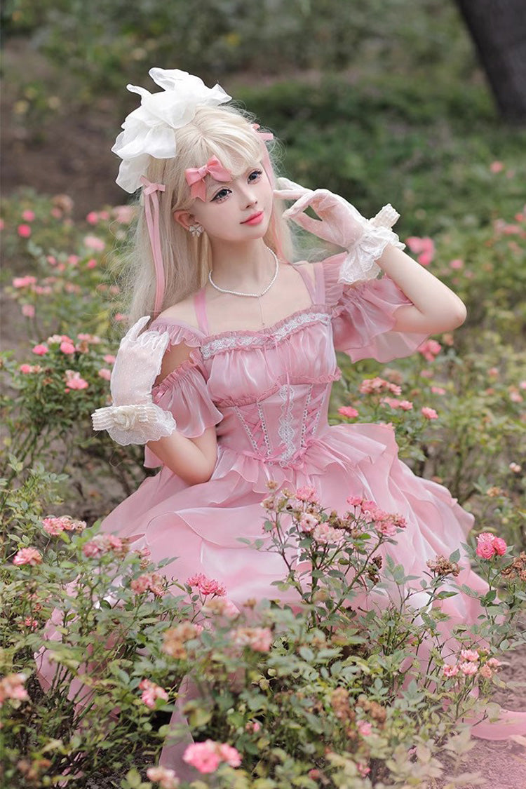 Princess Wedding High Waisted Lace Sweet Lolita Strapless Dress 2 Colors - Product - 5