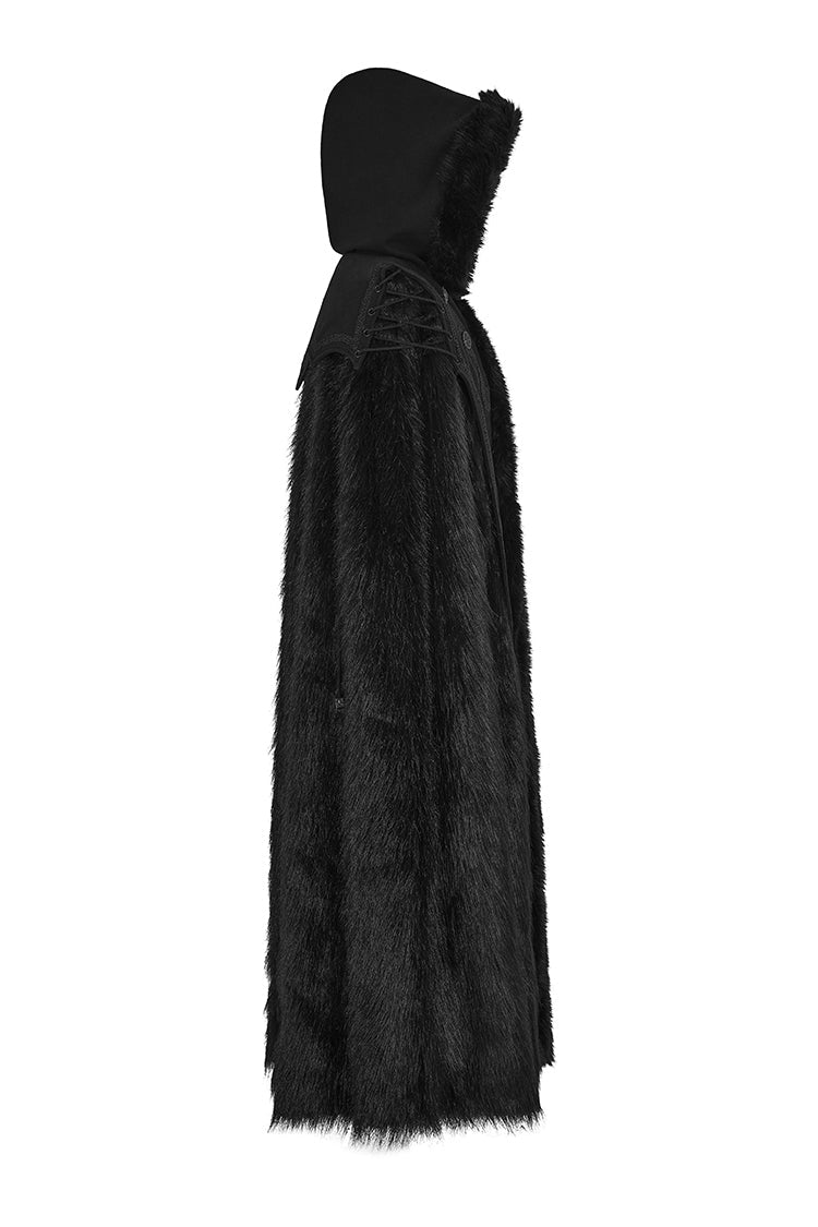 Black Hooded Long Fur Mens Gothic Cloak - Product - 5
