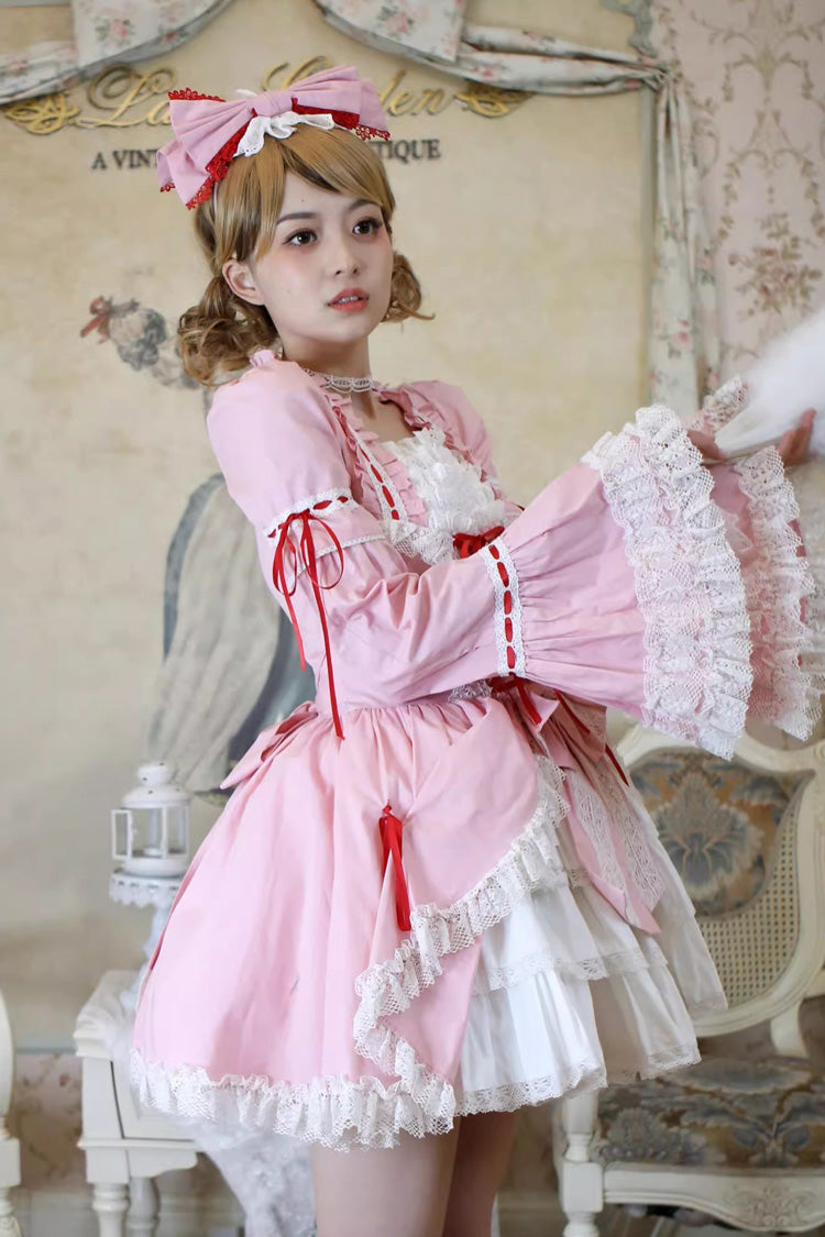 [Miss Rella] Short Sleeves Multi-Layered Ruffle Cardigan Bowknot Lace-Up Sweet Lolita Dress 9 Colors - Product - 8