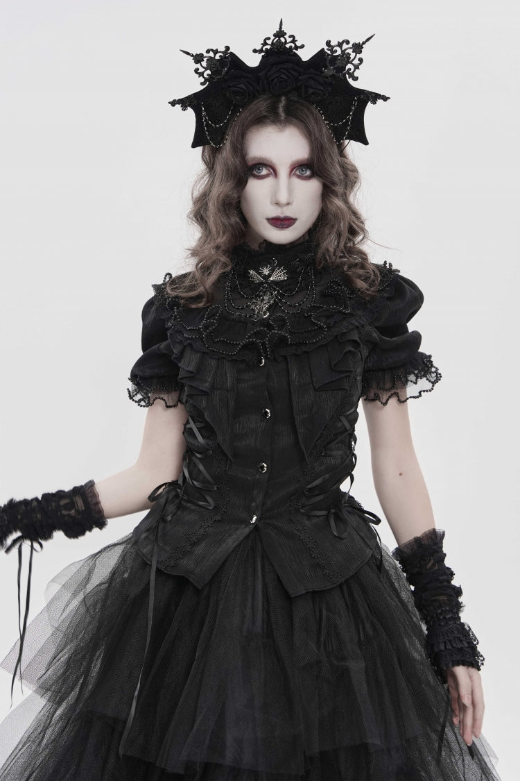 Black Stand Collar Short Sleeves Embroidered Lace Lace-Up Slim Pleated Women's Gothic Palace Blouse - Black - 1