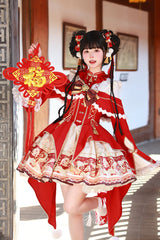Red [New Year] Print Ruffle Bowknot Lace-Up Sweet Chinese Style Lolita Jsk Dress - Product - 14