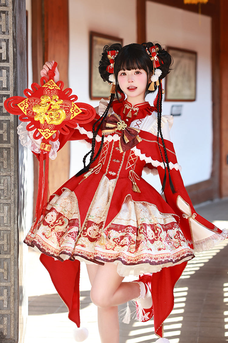 Red [New Year] Print Ruffle Bowknot Lace-Up Sweet Chinese Style Lolita Jsk Dress - Product - 14