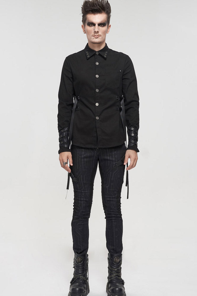 Black Punk Casual Circuit Diagram Print Asymmetric Decoration Men's Long Pants - Product - 11