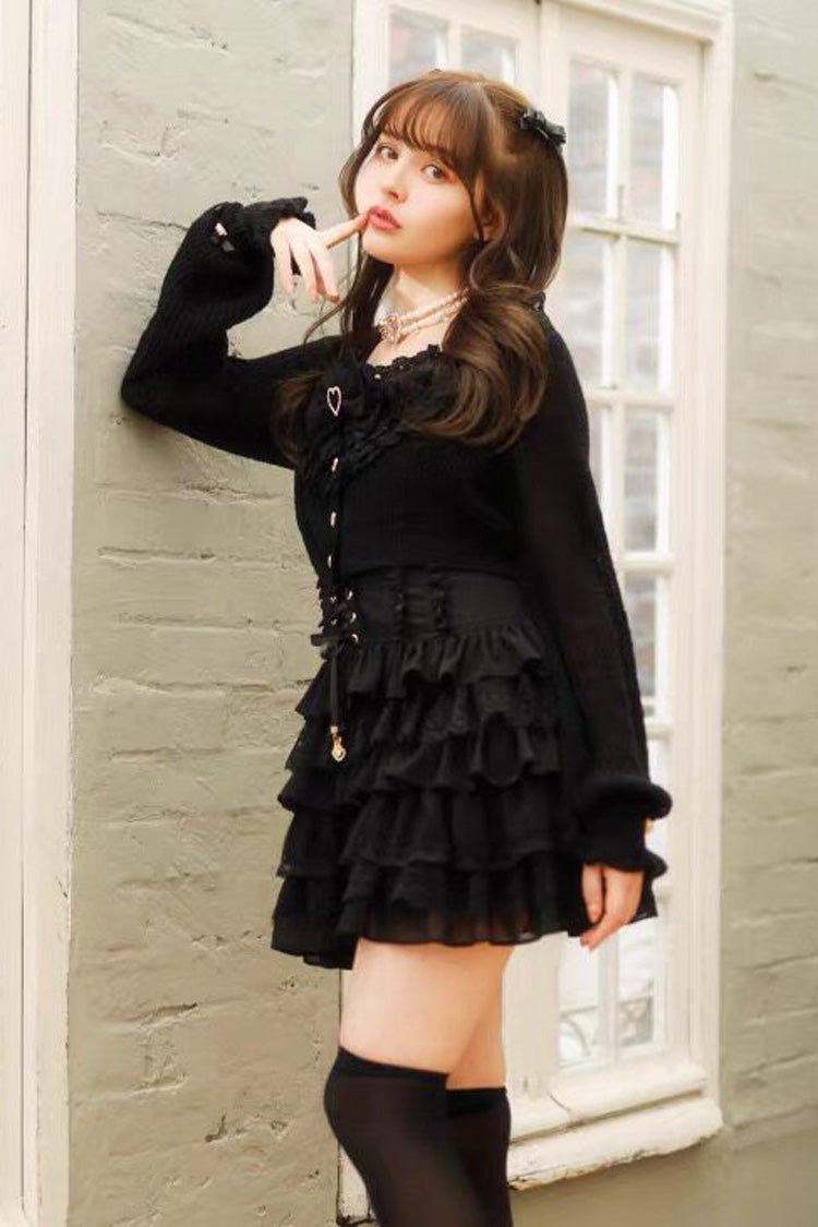 Jirai Kei Long Sleeves Multi-Layered Printed Ruffled Bow Sweet Dress 3 Colors - Product - 3