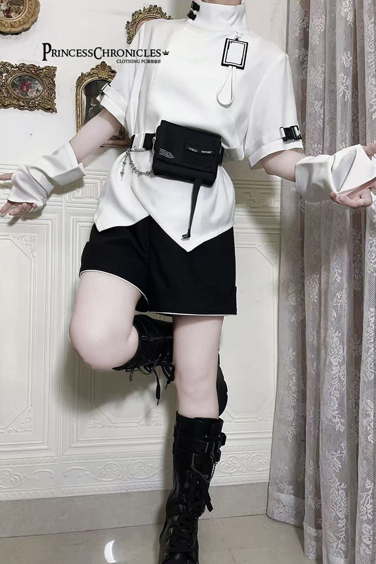 White Functional Style Stand Collar Short Sleeves Ouji Fashion Prince Handsome Lolita Blouse - Product - 7
