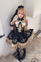 Black [Gilded Oath] Short Sleeves Double-Layered Ruffle Embroidery Bowknot Gothic Lolita Dress - Product - 6