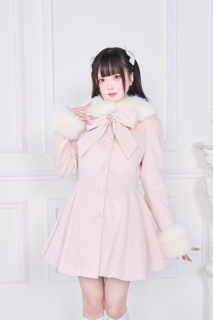 Pink Plush Collar Long Sleeves Bowknot Japanese Sweet Lolita Coat - Product - 3