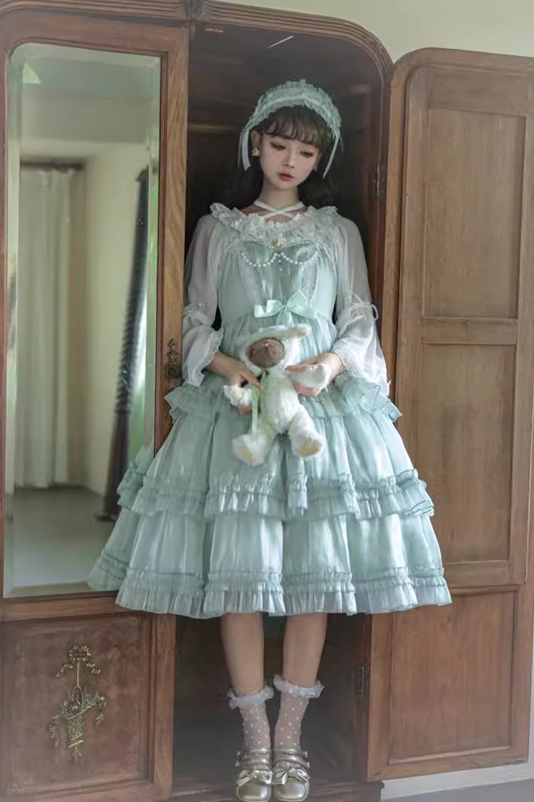 Green Starry Gauze Love Song Three-Tiered Ruffle Bowknot Sweet Lolita Tiered JSK Dress - Green - 1