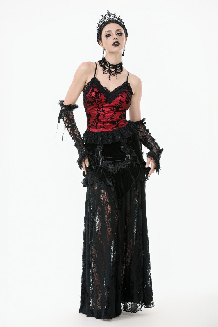 Black Multi-Layered Ruffled Velvet Spliced Lace Lace-Up Women's Gothic Long Skirt - Product - 8
