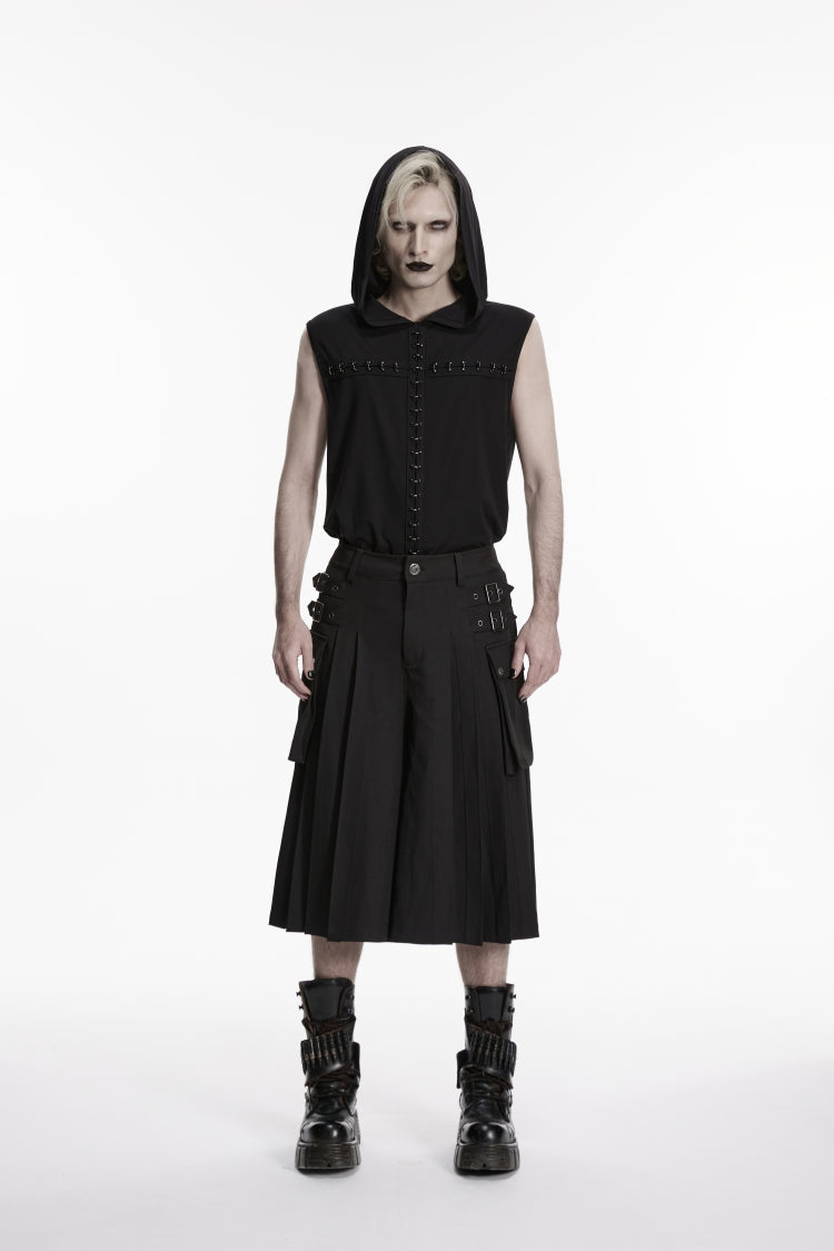 Black Buckled Big Pockets Pleated Men's Punk Pants - Black - 1