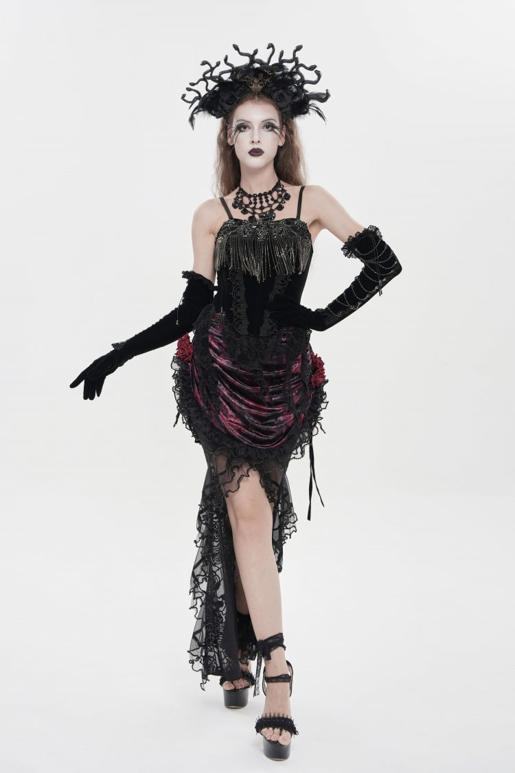 Black/Red Embroidered Rose Lace-up Irregular Women's Gothic Hem Skirt - Product - 1