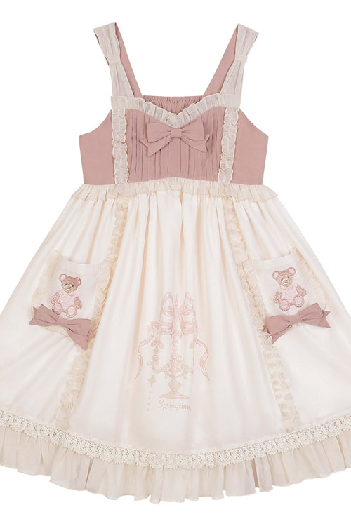 Beige Ruffled Bow Cute Bear Print High Waisted Sweet Lolita JSK Dress - Product - 6