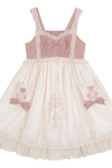 Beige Ruffled Bow Cute Bear Print High Waisted Sweet Lolita JSK Dress - Product - 6