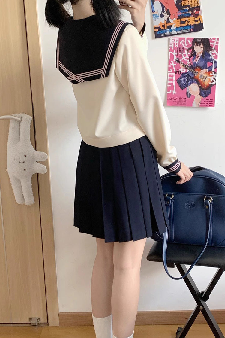 Dark Blue/Ivory Sailor Collar Long Sleeves Sweet Japanese School Skirt Set - Product - 6