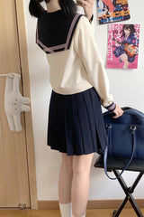Dark Blue/Ivory Sailor Collar Long Sleeves Sweet Japanese School Skirt Set - Product - 6