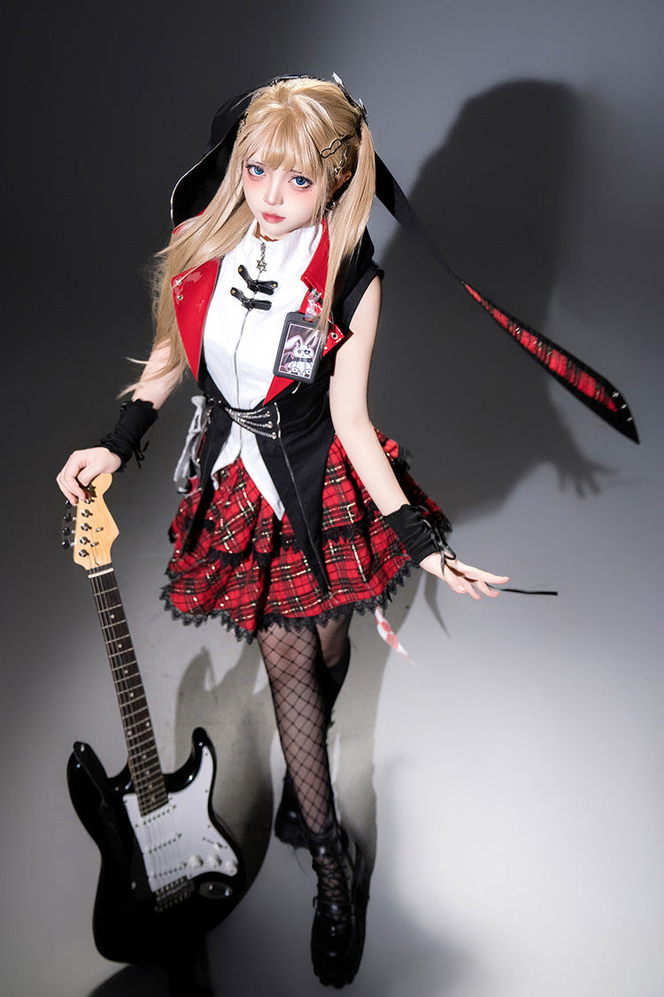 Black/Red [Rock Bunny] Sleeveless Double-Layered Embroidery Hooded Punk Lolita Skirt Set - Product - 2