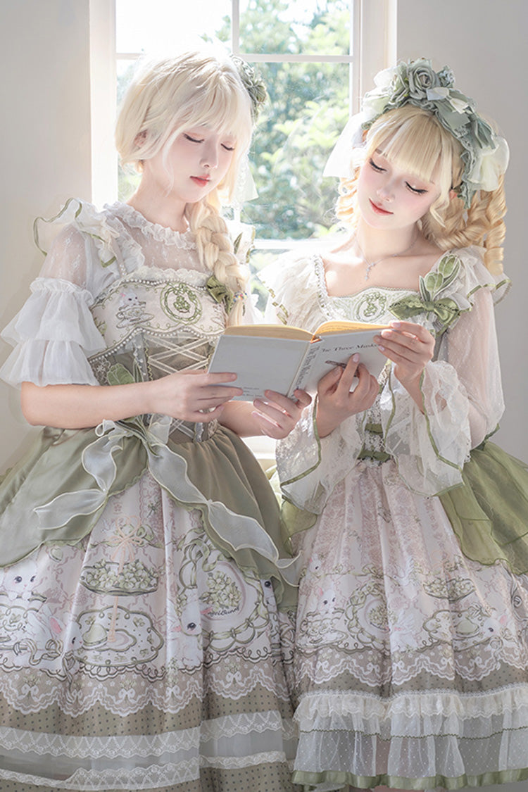 Green [Teacup Rabbit] Multi-Layered Print Ruffle Embroidery Bowknot Lace Asymmetric Sweet Elegant Lolita Jsk Dress - Product - 6