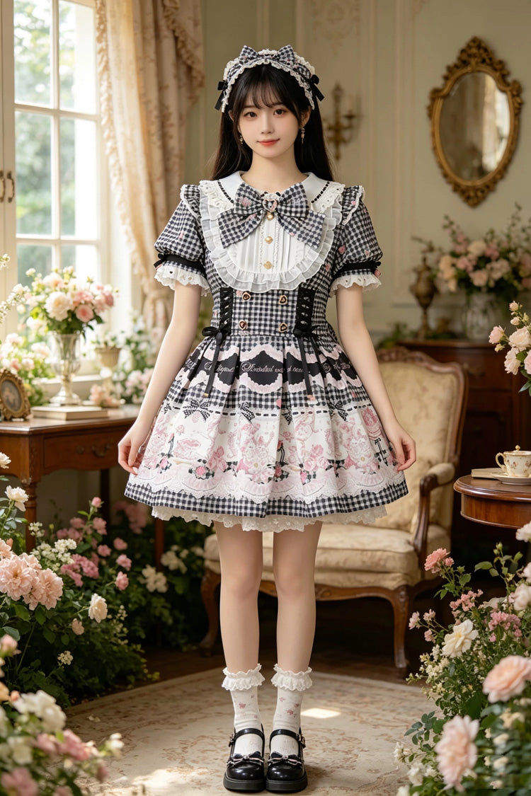 [Tea Party] Lapel Collar Short Sleeves Printed Bow Lace-Up Sweet Jirai Kei Plus Size Dress 3 Colors - Product - 3