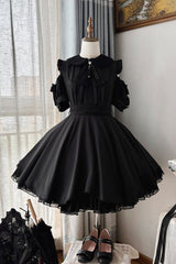 Black [Oath] Lapel Collar Off Shoulder Short Sleeves Bow Gothic Lolita Dress - Black - 1