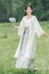 White Round Collar Print Embroidery Women's Chinese Style Elegant Hanfu Dress Two Piece - Product - 4