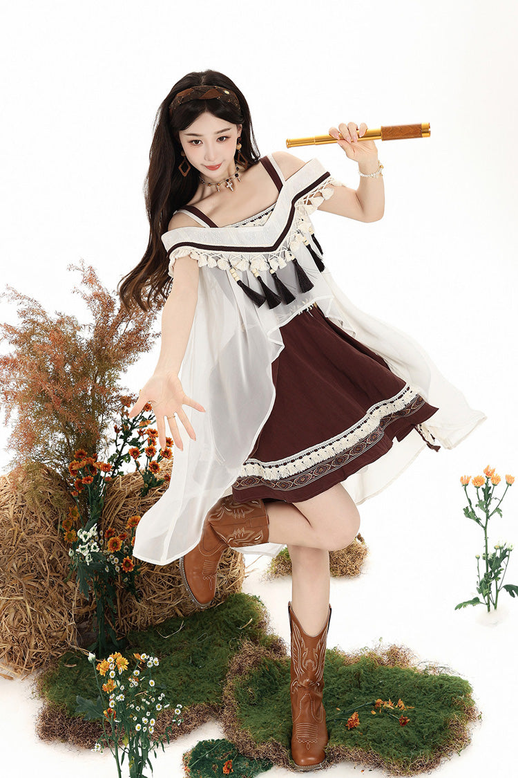 Brown [Dream of the Wilderness] Square Collar Sleeveless Embroidered Sweet Lolita Jsk Dress Set - Product - 11
