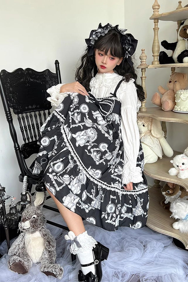 Black Wolf Detective Print Ruffle Bowknot Sweet Lolita Jsk Dress - Product - 3