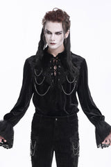 Black V Collar Long Sleeves Lace-Up Chain Men's Gothic Blouse - Product - 2