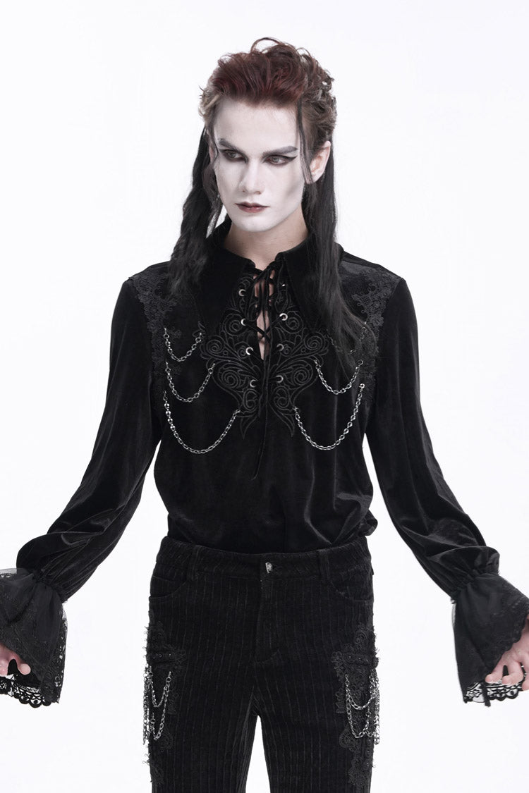Black V Collar Long Sleeves Lace-Up Chain Men's Gothic Blouse - Product - 2