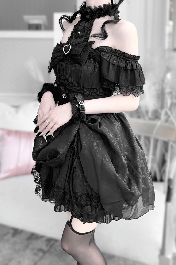 Black [Rose Dream] Halterneck Short Sleeves Print Ruffle Bowknot Lace Gothic Jirai Kei Dress - Product - 2