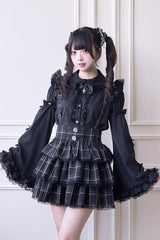 Black Triple-Layered Plaid Print Ruffle Gothic Jirai Kei Japanese Strap Dress - Black - 1