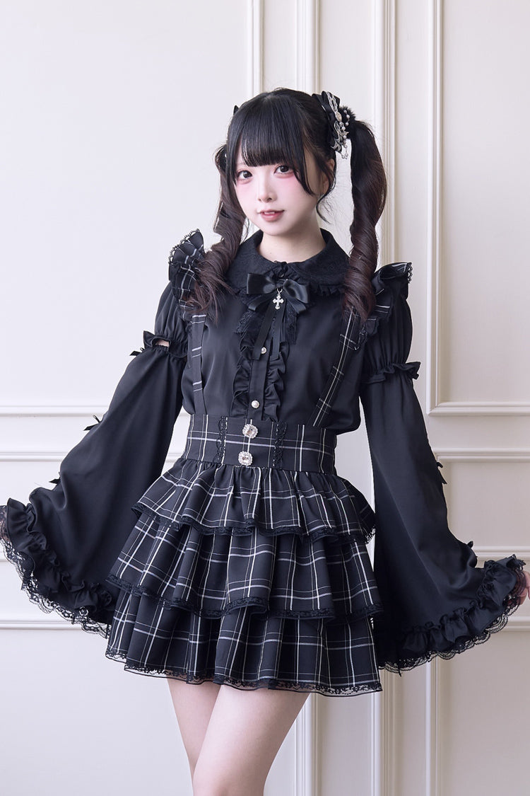 Black Triple-Layered Plaid Print Ruffle Gothic Jirai Kei Japanese Strap Dress - Black - 1