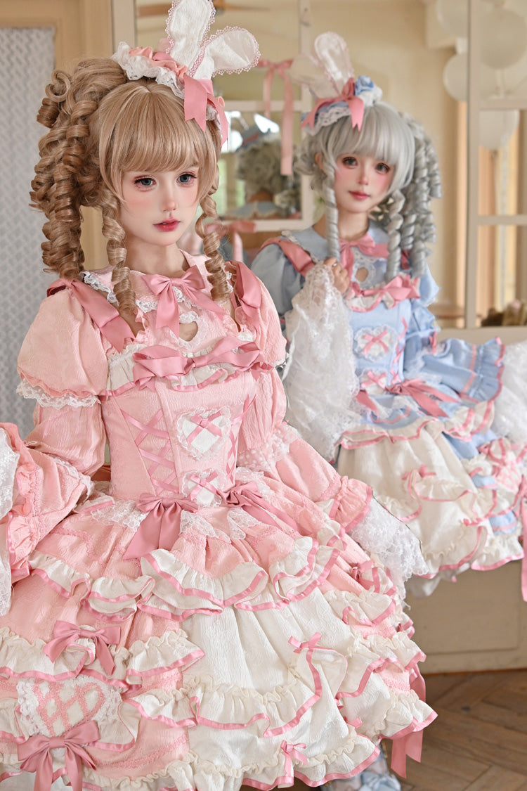 [Bunny Hime] Doll Collar Short Sleeves Multi-Layered Ruffled Bow Sweet Lolita Dress 2 Colors (Blue, Pink) - Product - 8