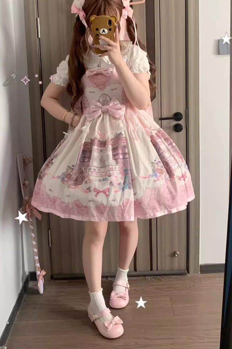 Pink [Little Bear Shop] Print Sleeveless Bowknot Lace Sweet Princess Lolita Jsk and Strap Dress - Pink - 5