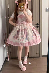 Pink [Little Bear Shop] Print Sleeveless Bowknot Lace Sweet Princess Lolita Jsk and Strap Dress - Pink - 5