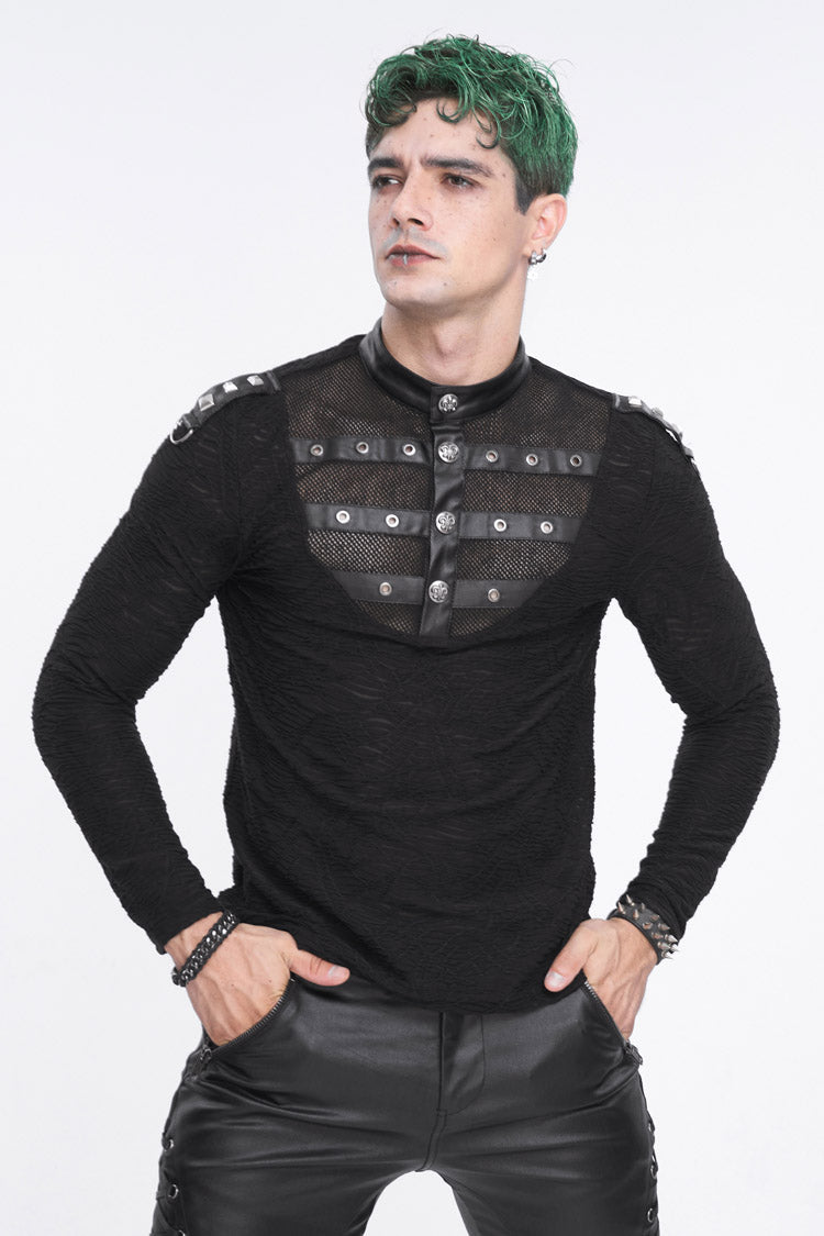Black Stand Collar Mesh Splice Men's Punk Shirt - Product - 2