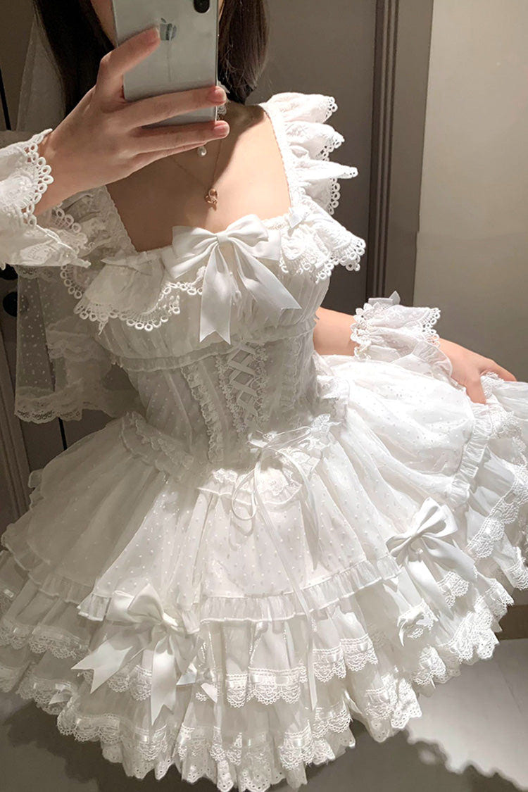 White [Flory Butterfly] Double-Layered Ruffle Bowknot Lace Lace-Up Sweet Ballet Lolita Jsk Dress - Product - 3