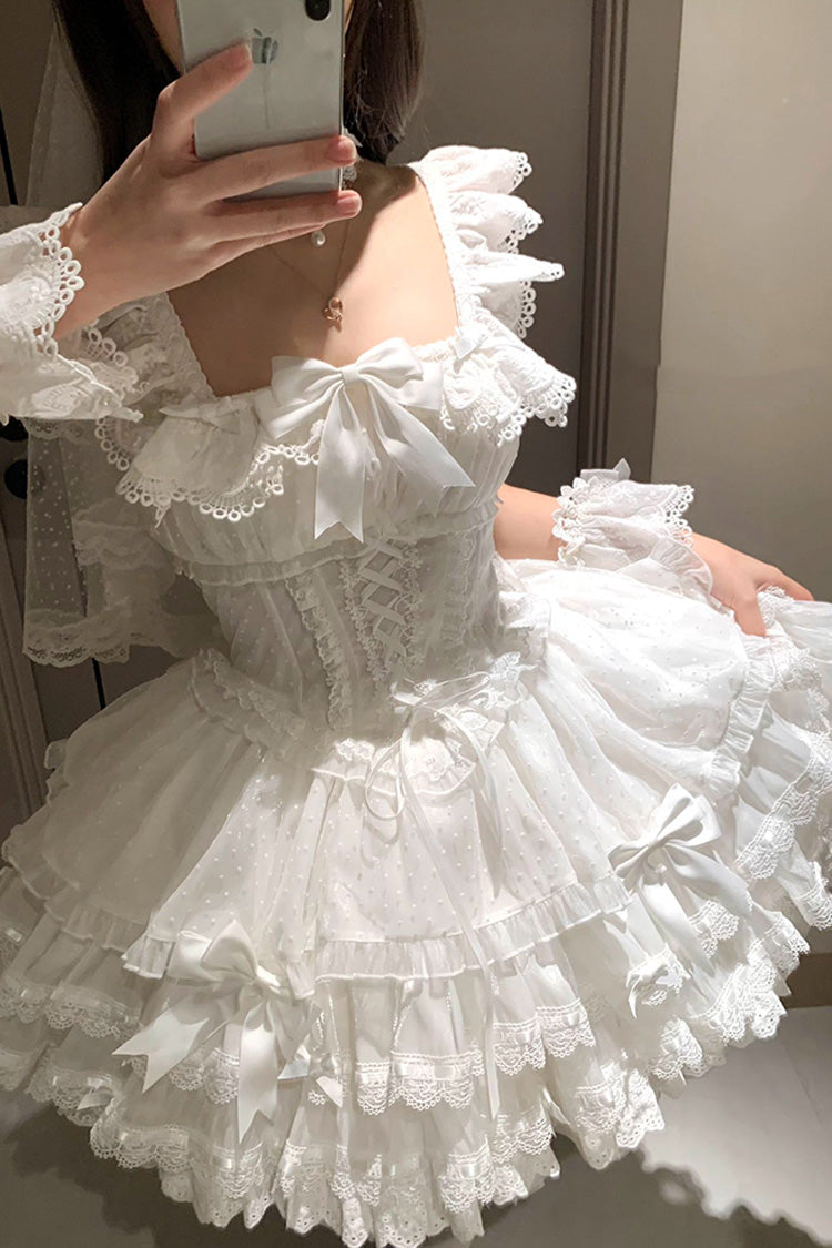 White [Flory Butterfly] Double-Layered Ruffle Bowknot Lace Lace-Up Sweet Ballet Lolita Jsk Dress - Product - 3